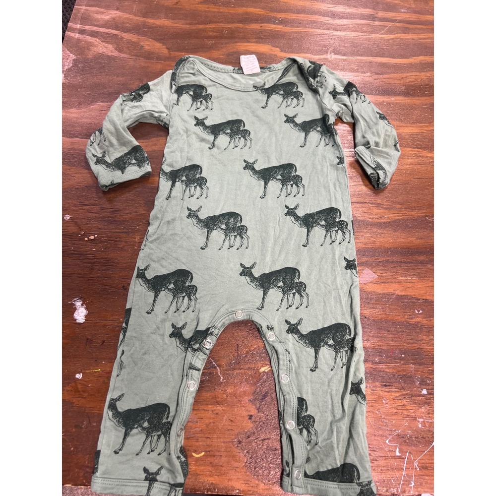 Kate Quinn Sage Green Deer Print Bamboo Viscose Romper 6-12M Long Sleeve Snaps